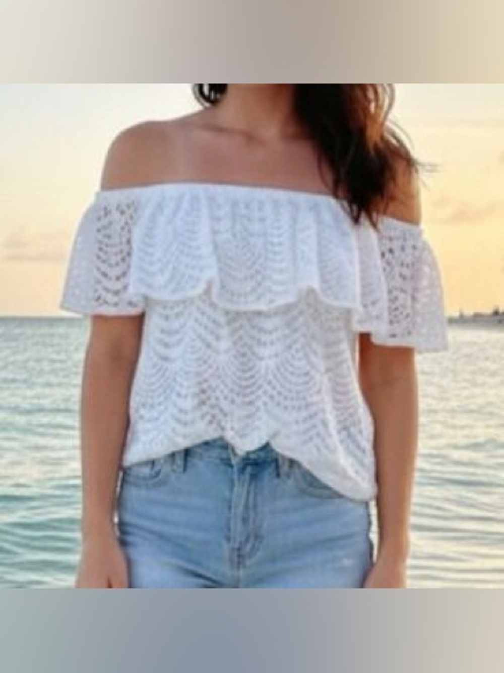white off-the-shoulder lace eyelet ruffle top w flutter sleeves Lilly Pulitzer